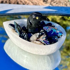 Black Obsidian Raven / Crow, Selenite Teardrop Bowl, Snowflake Obsidian Kyanite